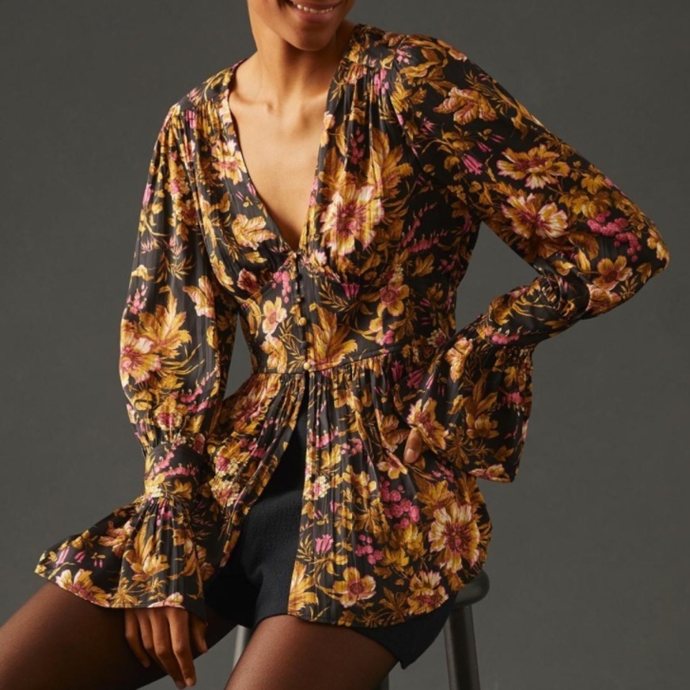 Anthropologie Tunic Blouse Button Down Long Sleeve Deep V Floral Blouse Large
